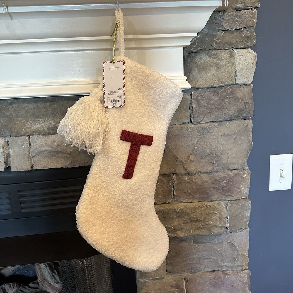 The North Pole Cream Red Plush Sherpa Christmas Stocking Initial T Monogram NEW